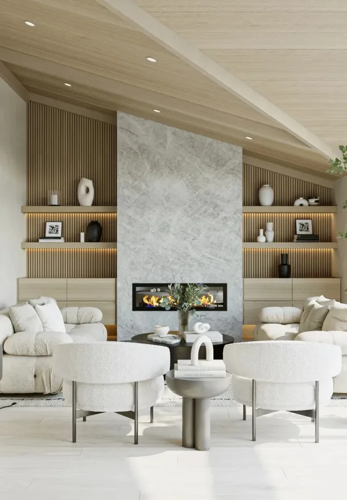Modern living room with fireplace, two white armchairs, and two large sofas.